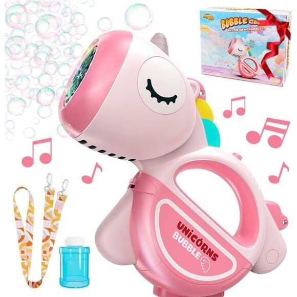 Bubble Machine Gun with Lights Music, Portable 360°Leak Proof Automatic Bubble